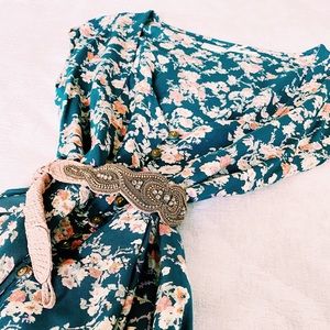 Teal Floral Print Short Sleeve V-Neck Romper
